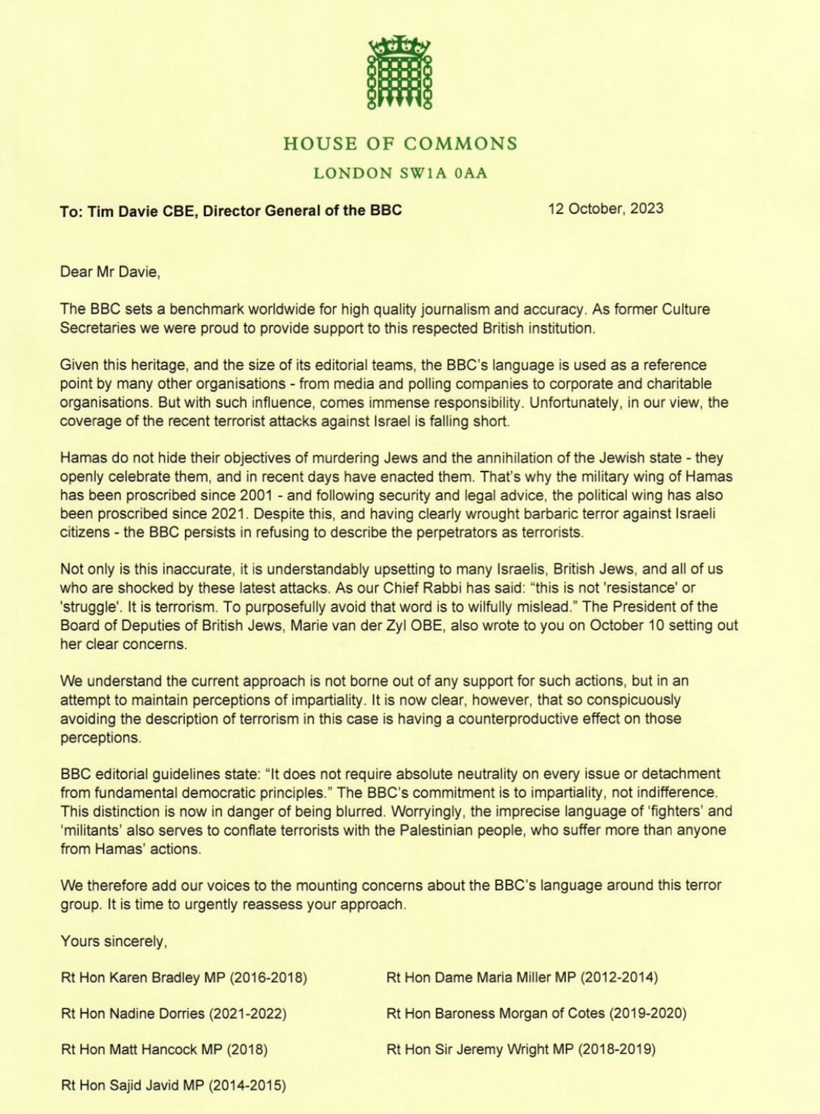 MPs letter to BBC
